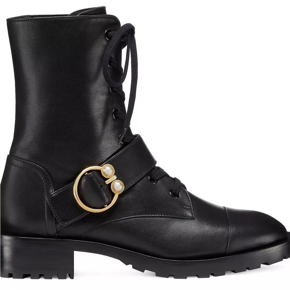 Stuart Weitzman Pearlring Leather Ankle Combat Bootie Black